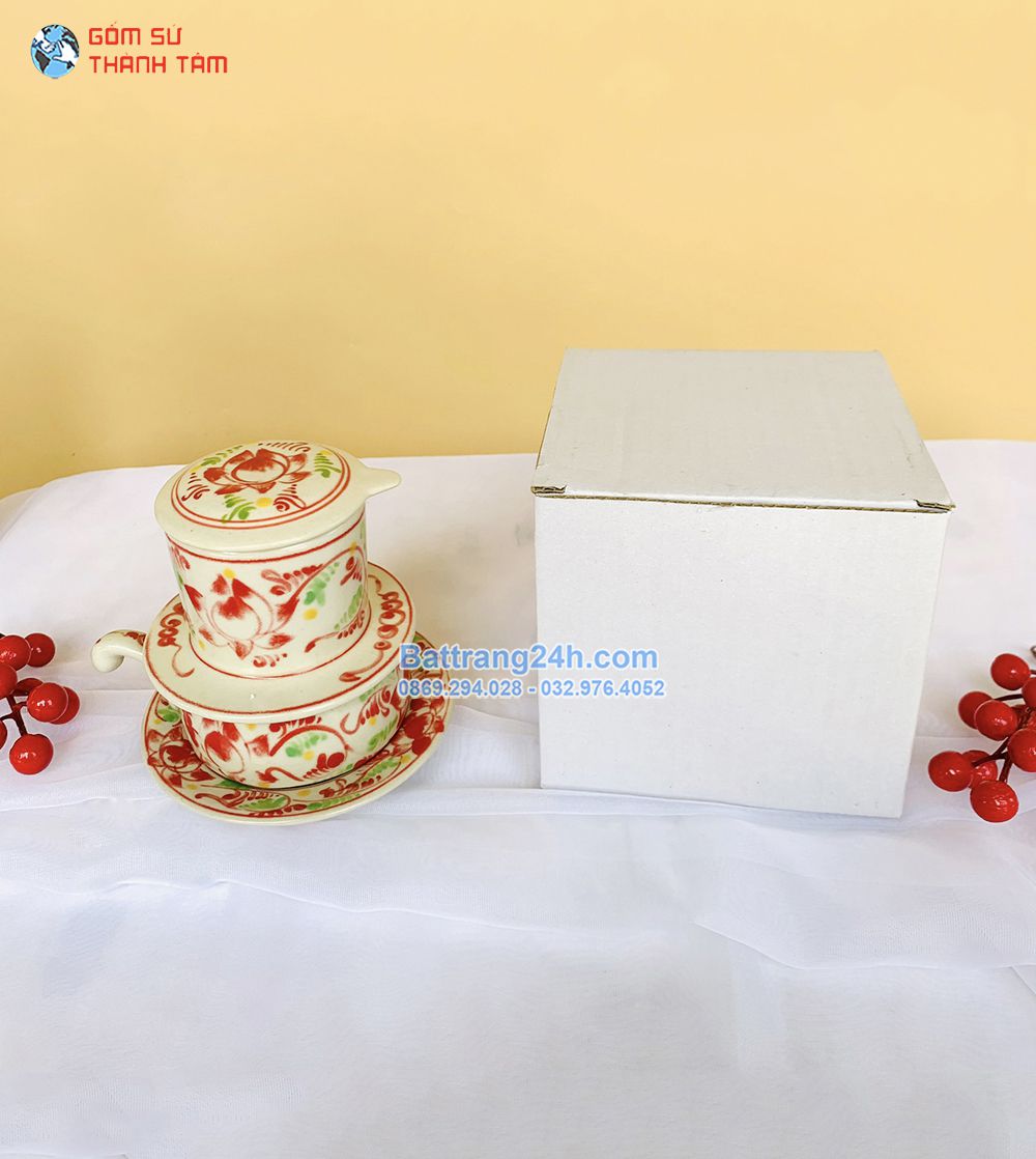 Bộ phin cafe gốm sứ vẽ hoa sen màu đỏ bằng tay tỉ mỉ, tinh xảo, đẹp mắt